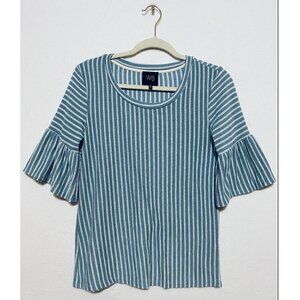 Anthropologie W5 Womens Medium Blue Striped Top Ruffle Sleeves Boho Stretch